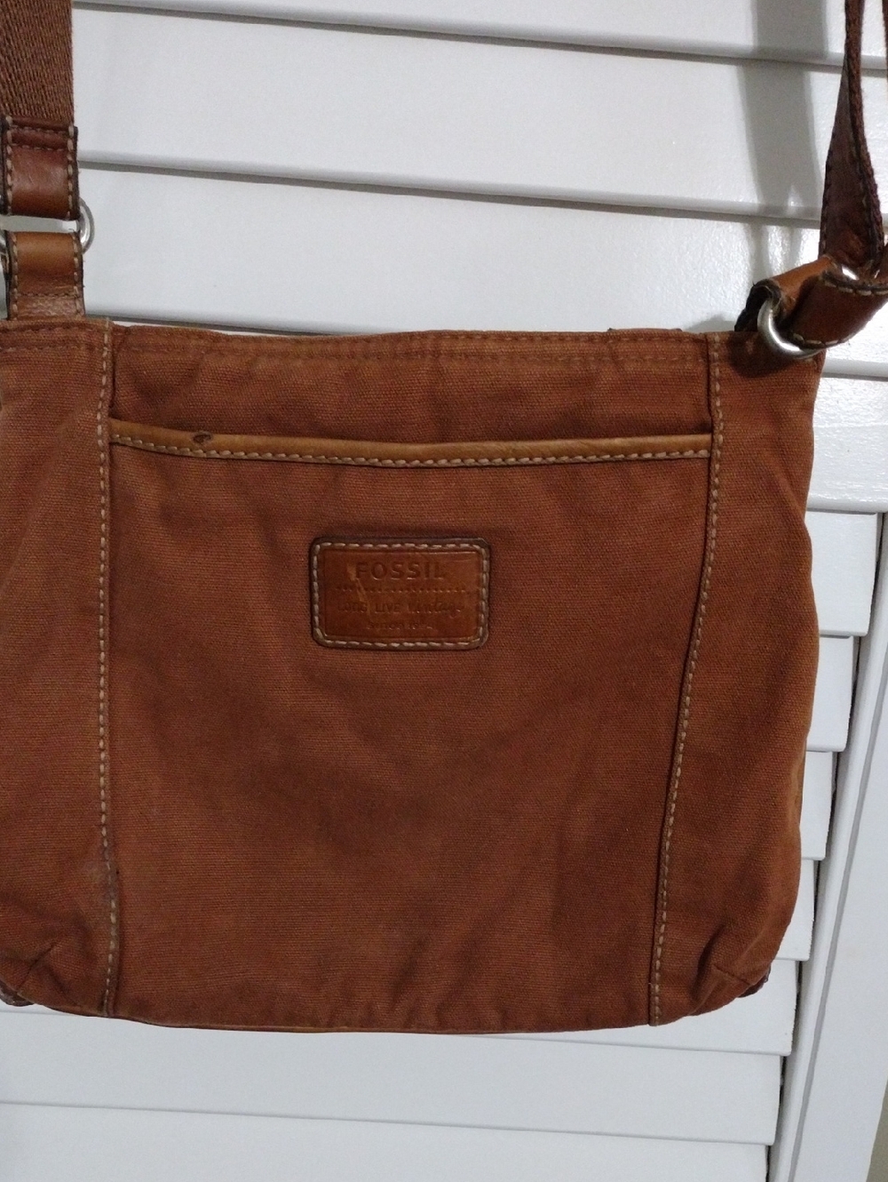 Fossil Rust Brown Canvas Shoulder Bag with Leather Trim